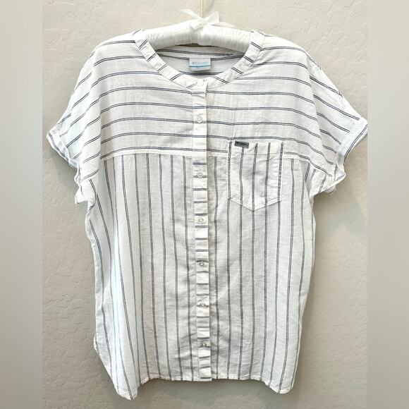 COLUMBIA | Camp Henry White Cotton Relaxed Fit Striped Short Sleeve Top | Large - Picture 1 of 7